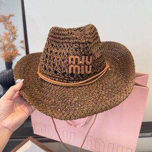 Miu Miu Brown Woven Straw Cowboy Hat with Logo